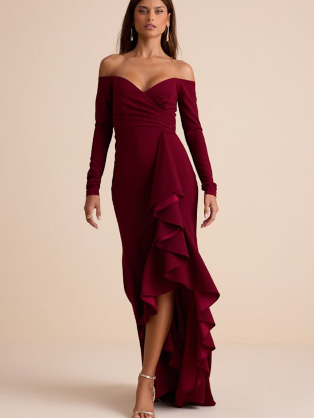 Lulus Notorious Perfection Wine Off-the-shoulder Ruffled Maxi Dress Red - Size M
